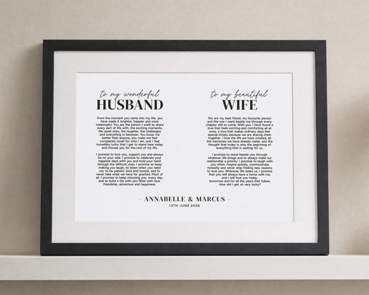 Personalised Wedding Vow Print, Husband and Wife White Wall Art, Anniversary Gift, Gift for Couple, Landscape Black Framed Print