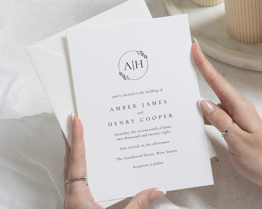 Minimalist Monogram Wedding Invitations, Elegant Classic Black and White Wedding Invite, Personalised Botanical Invitation Suite
