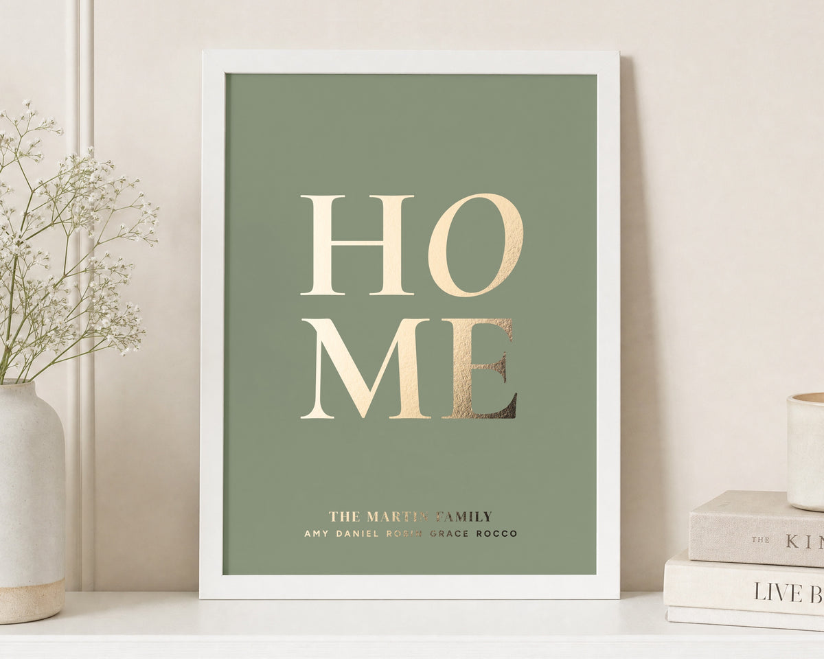 Personalised Gold Foil Family Print, Sage Green Wall Art, New Home Gift, House Warming Gift, Family Name Print