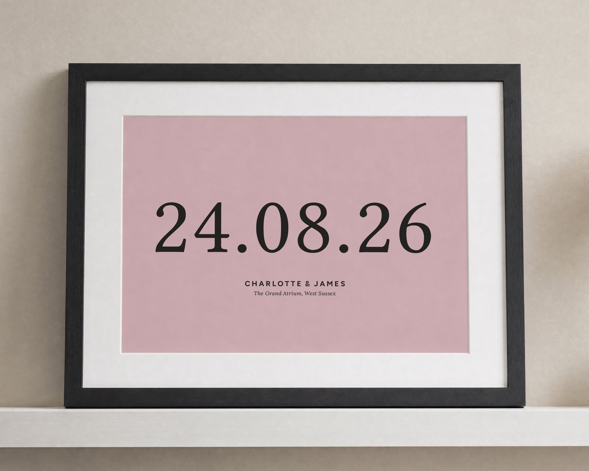 Personalised Wedding Date Print, Pink Wall Art, Custom Couple Print, Anniversary Gift, Wedding Gift, Bedroom Wall Art, Black Framed Print