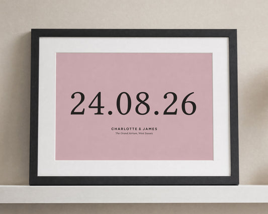 Personalised Wedding Date Print, Pink Wall Art, Custom Couple Print, Anniversary Gift, Wedding Gift, Bedroom Wall Art, Black Framed Print
