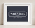 Personalised House Name Print, Navy Blue Wall Art, New Home Gift, House Warming Gift, Custom Address Print, Landscape Wall Art