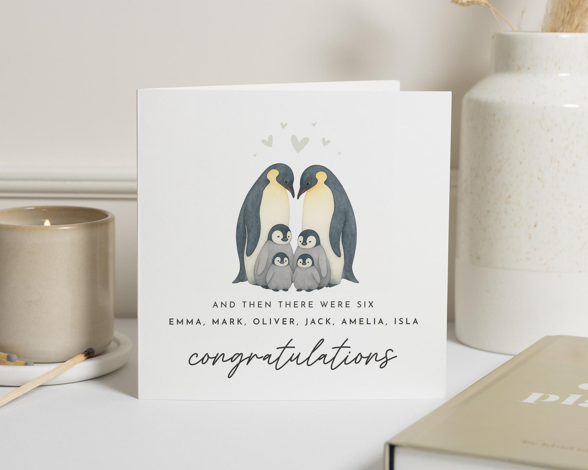 Penguin Family of Six Card, And Then There Were Six, New Baby Card, Congratulations Card, Personalised Family Card, Cute Animal Card