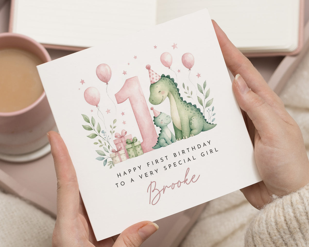 1st Birthday Card for Girl, First Birthday Card, Dinosaur Birthday Card, Personalised 1st Birthday Card, Granddaughter Birthday Card