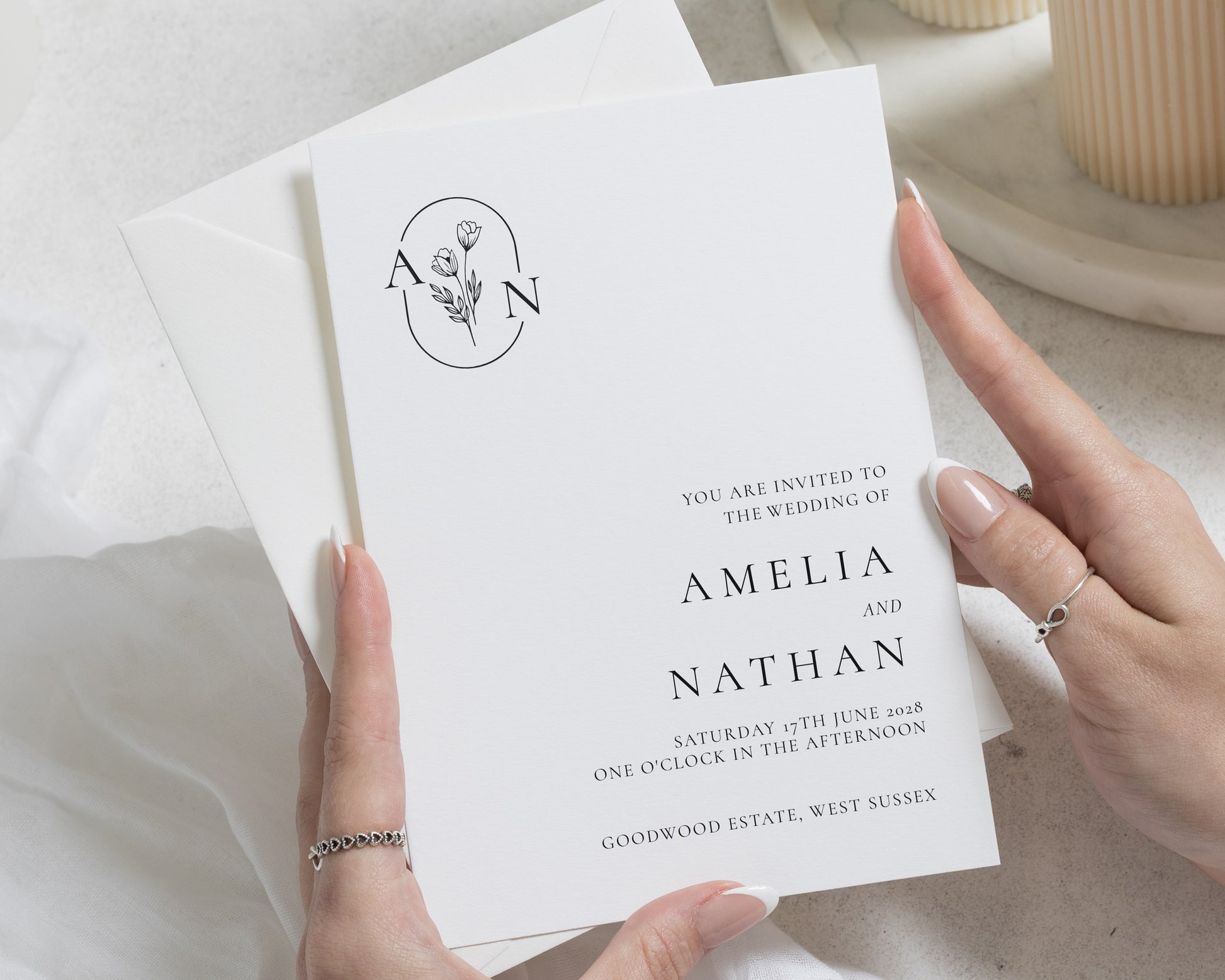 Monogram Wedding Invitations, Minimalist Floral Wedding Invitation, Black and White Botanical Wedding Invite, Personalised Invitation Suite