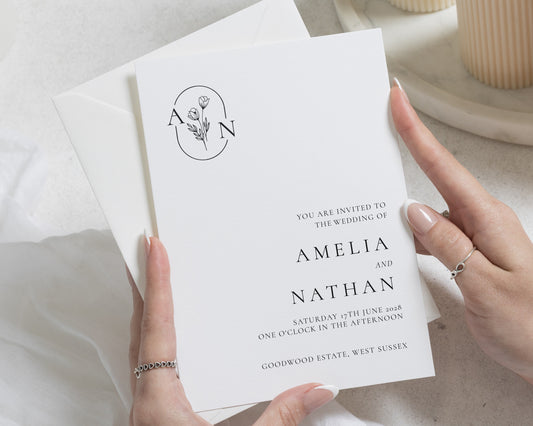 Monogram Wedding Invitations, Minimalist Floral Wedding Invitation, Black and White Botanical Wedding Invite, Personalised Invitation Suite