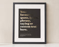 Personalised Gold Foil Lyrics Print, Chocolate Brown Wall Art, Custom Song Quote, Wedding Gift, Anniversary Gift, Black Framed Print