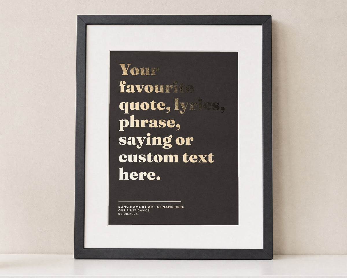 Personalised Gold Foil Lyrics Print, Chocolate Brown Wall Art, Custom Song Quote, Wedding Gift, Anniversary Gift, Black Framed Print