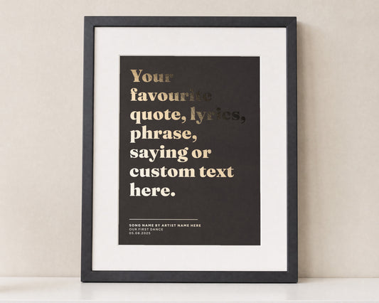 Personalised Gold Foil Lyrics Print, Chocolate Brown Wall Art, Custom Song Quote, Wedding Gift, Anniversary Gift, Black Framed Print