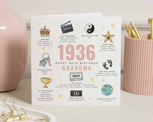 90th Birthday Card for Grandma, 1936 Birthday Card, Birthday Card for Her, Personalised 90th Birthday Card, Special Age Card for Grandma