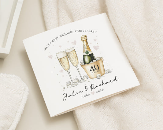 Ruby Wedding Anniversary Card, 40th Anniversary Card, Personalised Anniversary Card, Champagne Anniversary Card, Card for Couple