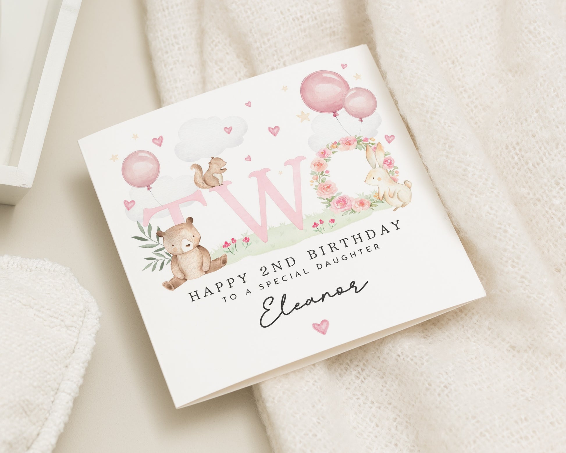2nd Birthday Card for Daughter, Personalised Birthday Card, Cute Animal Birthday Card, Birthday Card for Girl, Special Daughter Card