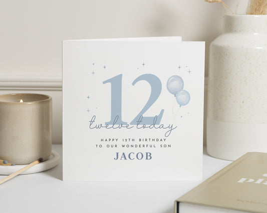 12th Birthday Card for Son, Personalised Boy Birthday Card, Twelfth Birthday Card, Custom Card for Boys, Simple Blue Birthday Card