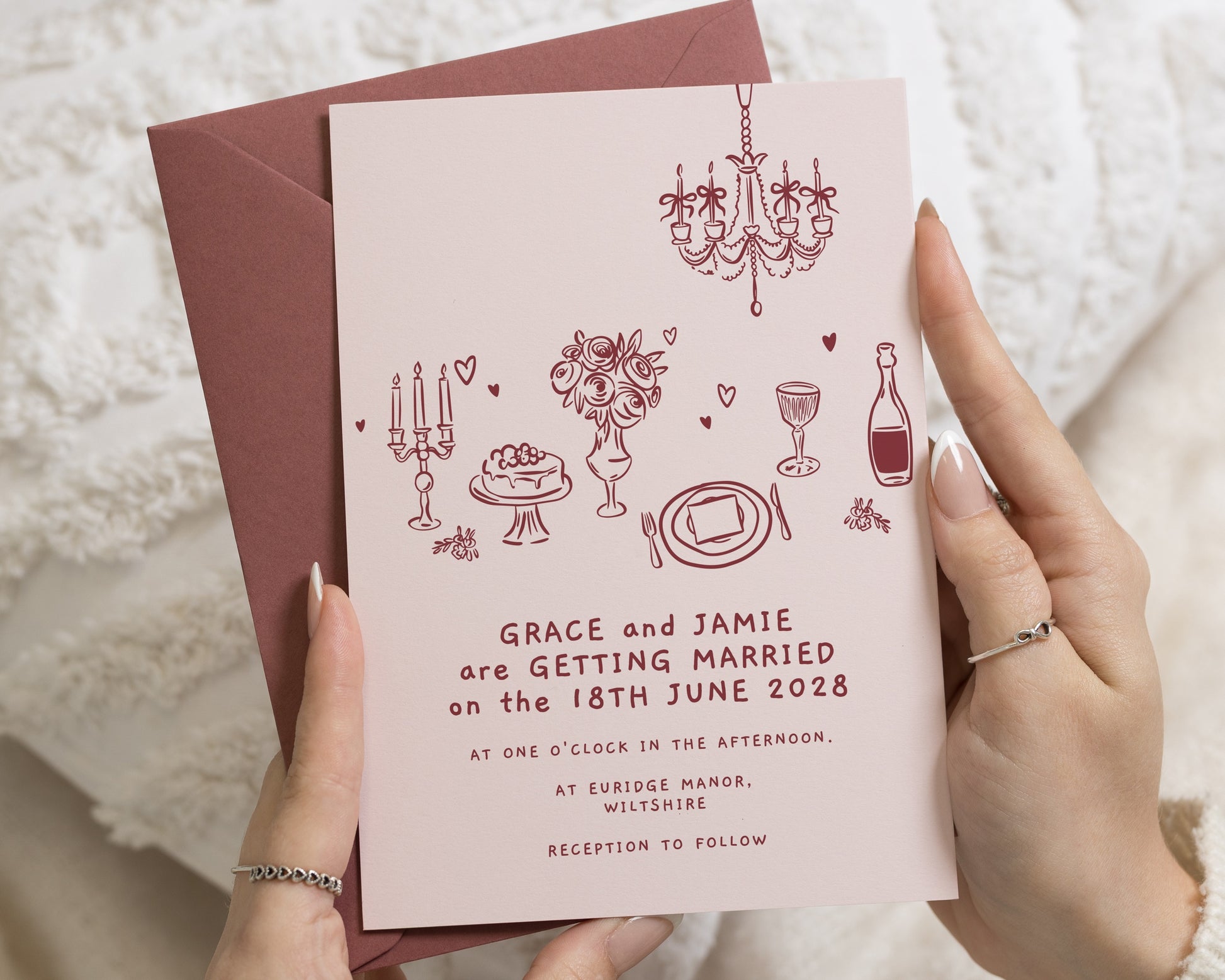 Blush Pink Wedding Invitations with Terracotta Pink Envelopes, Hand Drawn Wedding Invites, Romantic Illustrated Invitation
