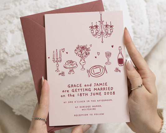 Blush Pink Wedding Invitations with Terracotta Pink Envelopes, Hand Drawn Wedding Invites, Romantic Illustrated Invitation