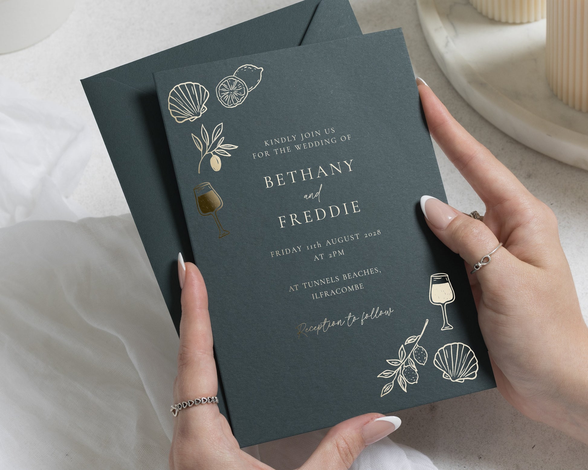 Gold Foil Wedding Invitations, Coastal Wedding Invite, Deep Green Beach Wedding Invitation, Destination Wedding Invites