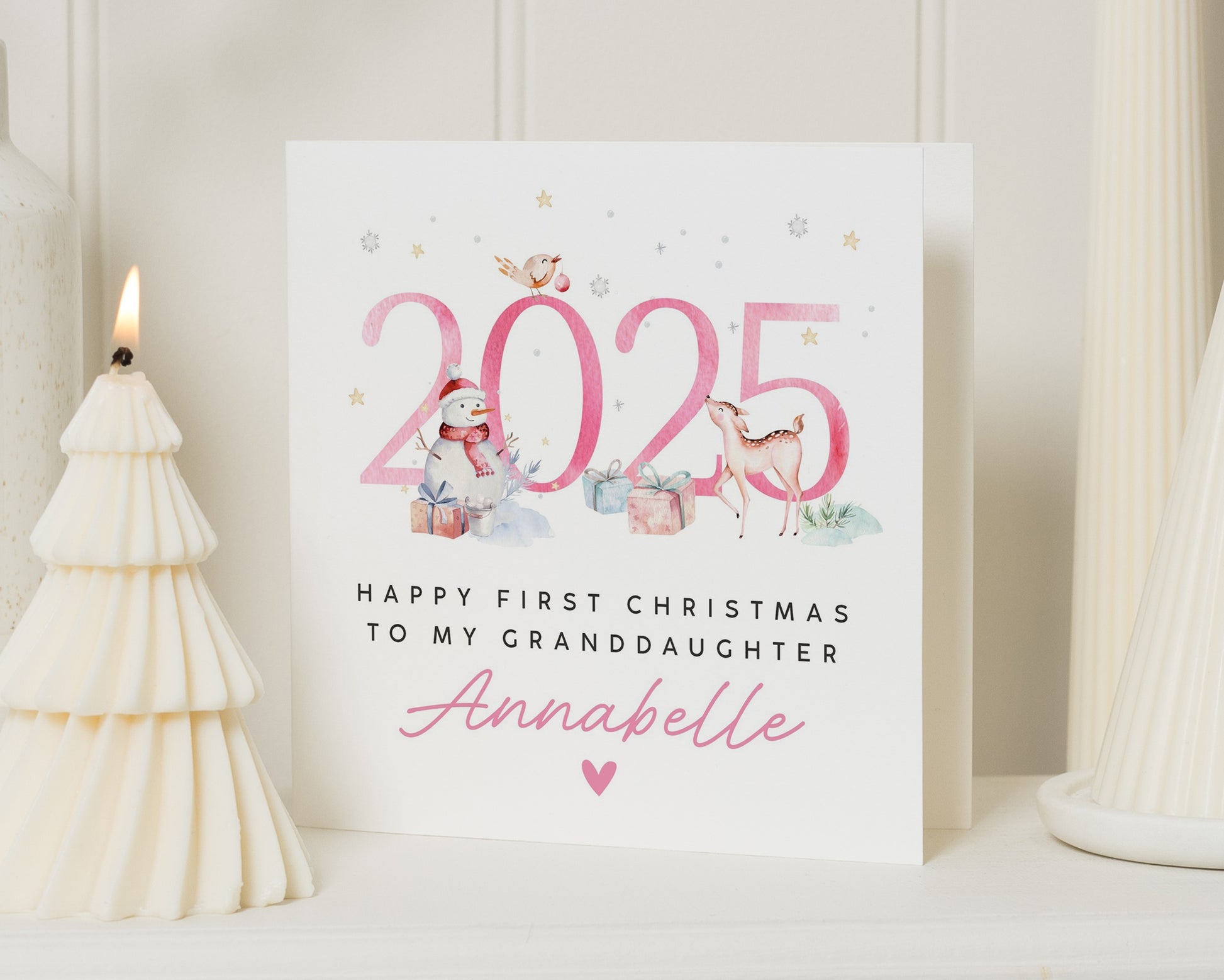 First Christmas Card for Granddaughter, Personalised Granddaughter Christmas Card, 2025 Christmas Card, Cute Snowman Reindeer Card