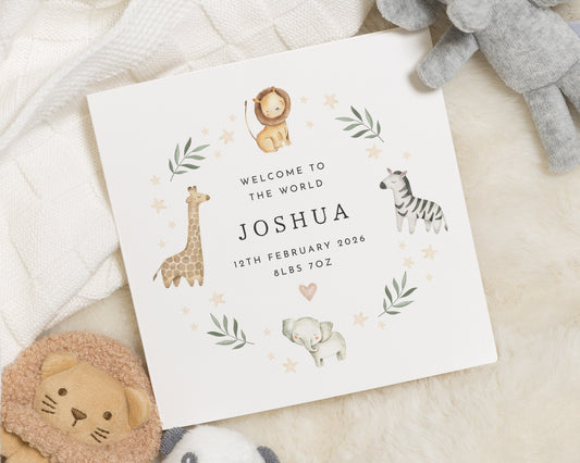 New Baby Card, Personalised Safari Baby Card, Welcome To The World Card, Baby Boy Card, Baby Girl Card, Animal Card, Custom New Baby Card