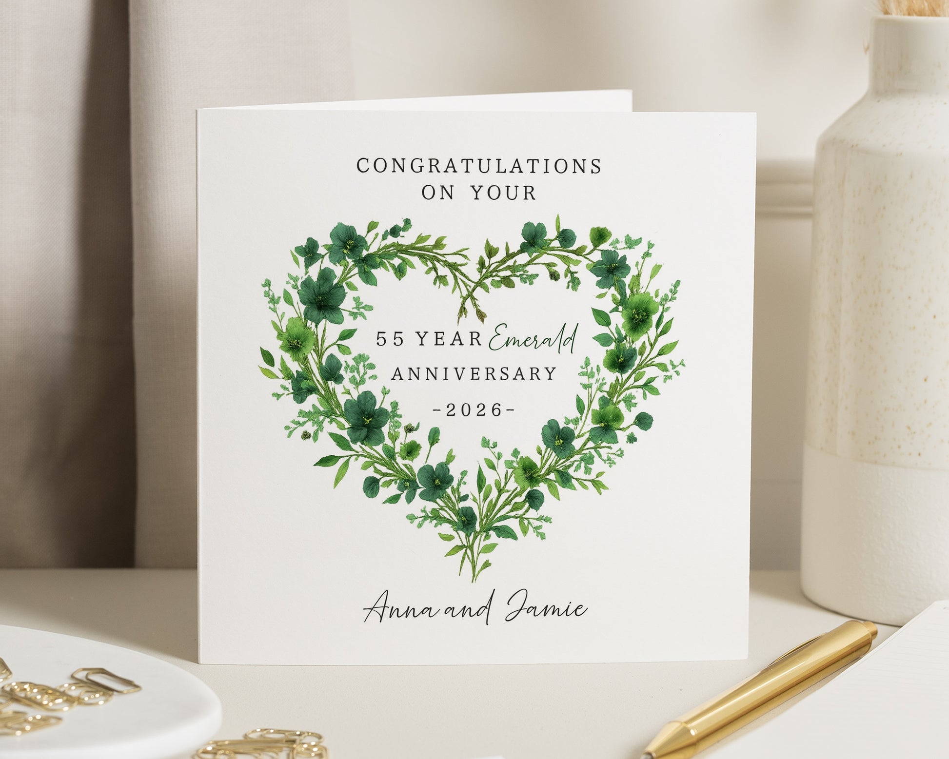 Emerald Anniversary Card, 55th Wedding Anniversary Card, Personalised Anniversary Card, Custom 55 Year Card, Floral Anniversary Card