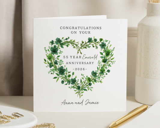 Emerald Anniversary Card, 55th Wedding Anniversary Card, Personalised Anniversary Card, Custom 55 Year Card, Floral Anniversary Card