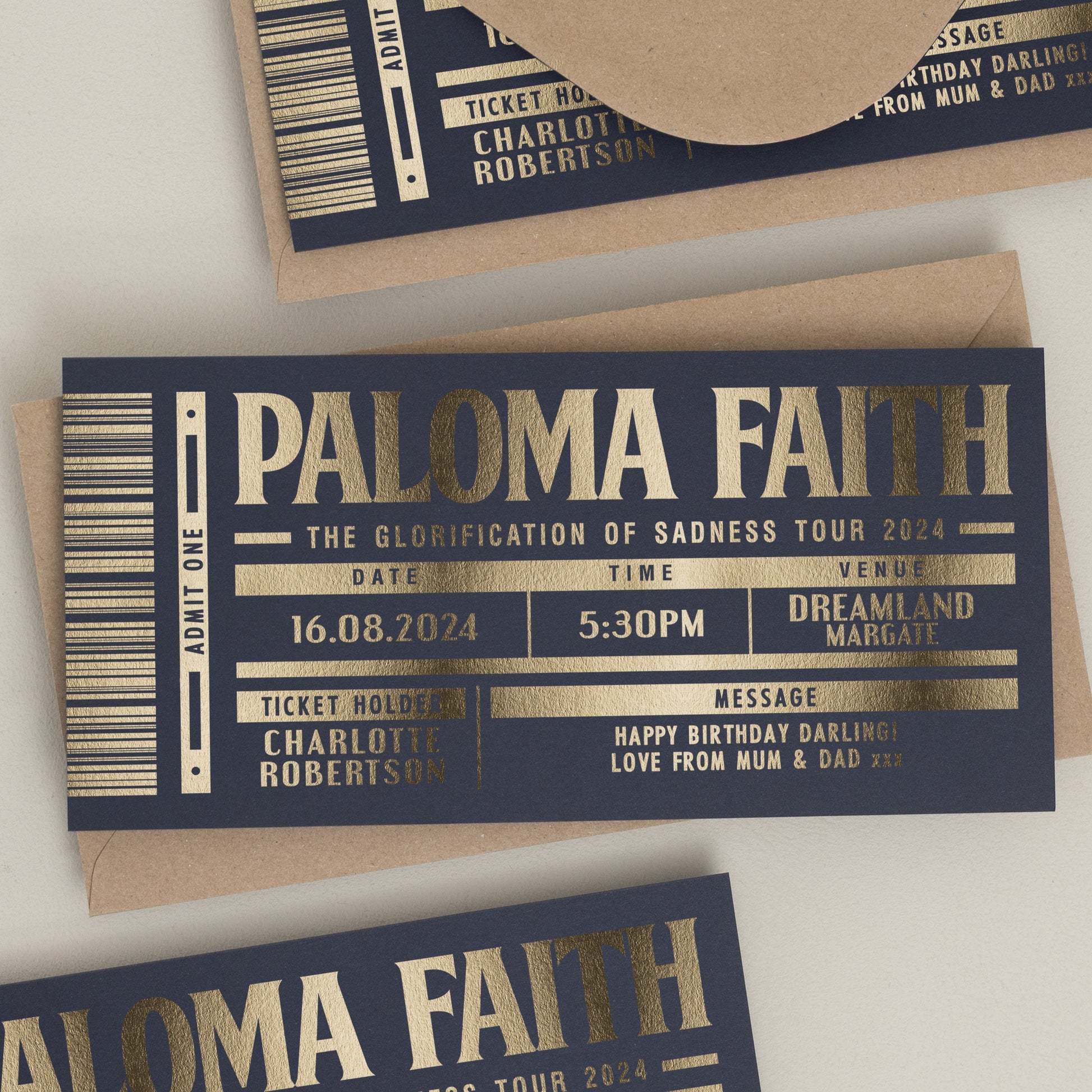 Personalised Gold Foil Gift Voucher, Paloma Faith Gig Ticket Gift Voucher, Foiled Concert Reveal, Paloma Faith Surprise Gig Ticket