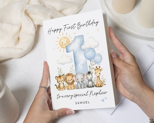 1st First Birthday Card for Nephew, Personalised Nephew Birthday Card, Safari Birthday Card, Jungle Animal Birthday Card for Boy