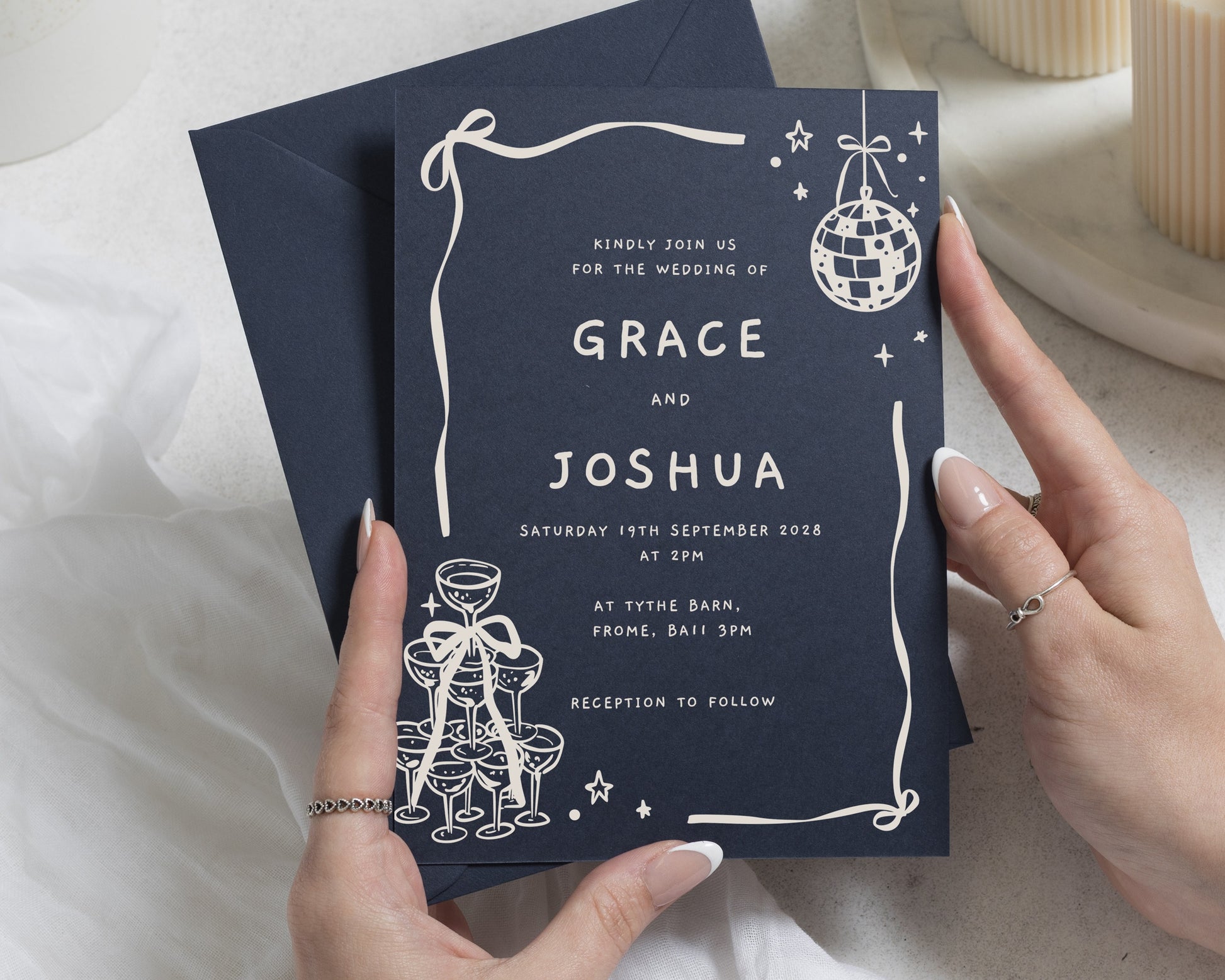 Navy Wedding Invitations, Disco Ball Wedding Invites, Champagne Tower Party Invitation, Personalised Dark Blue Stationery