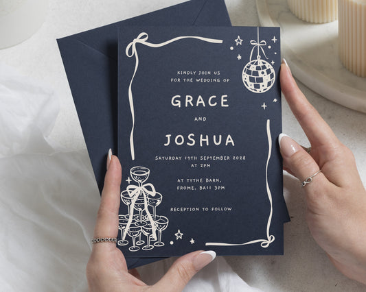 Navy Wedding Invitations, Disco Ball Wedding Invites, Champagne Tower Party Invitation, Personalised Dark Blue Stationery