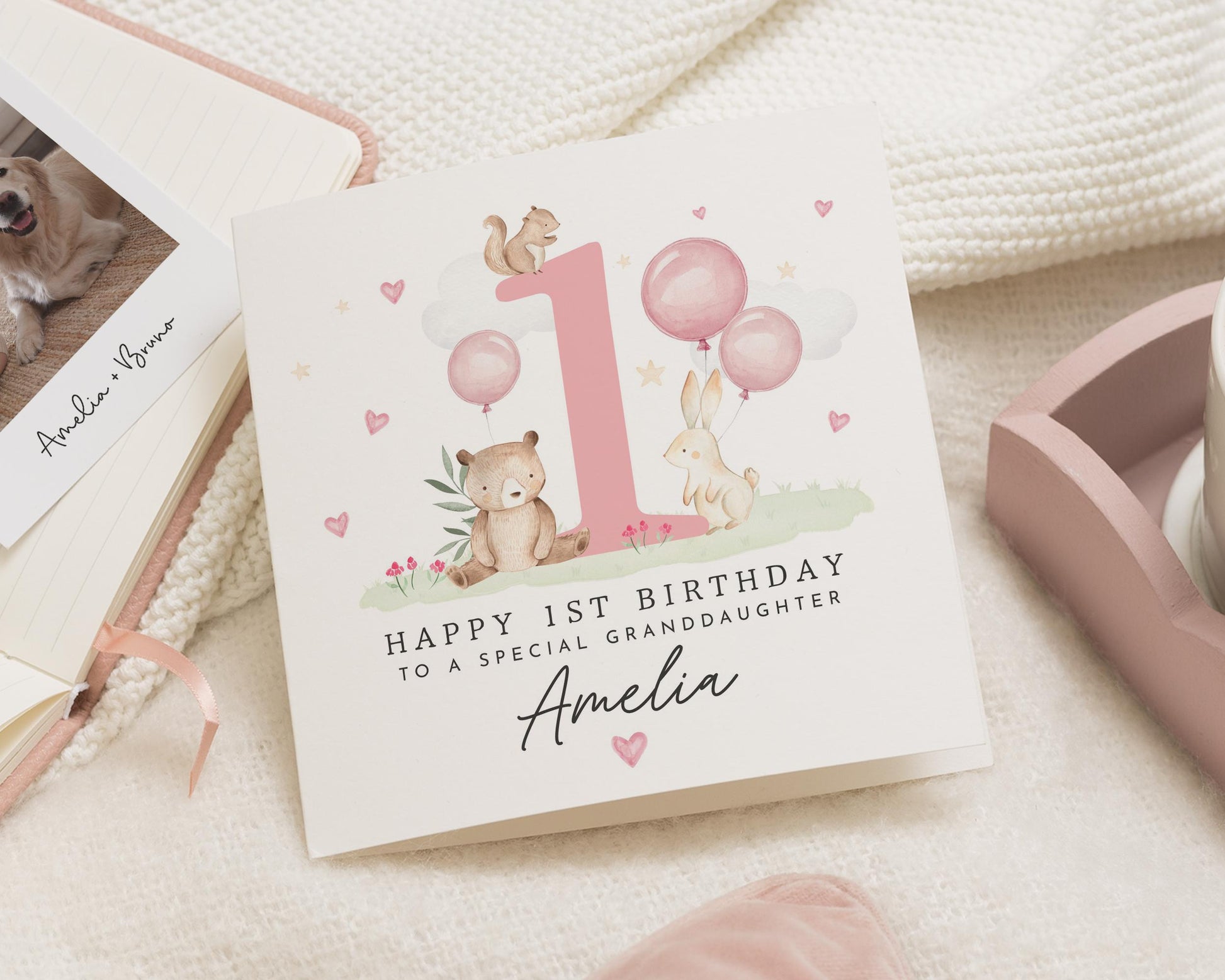 1st Birthday Card for Granddaughter, Personalised First Birthday Card, Cute Animal Birthday Card, Birthday Card for Girl