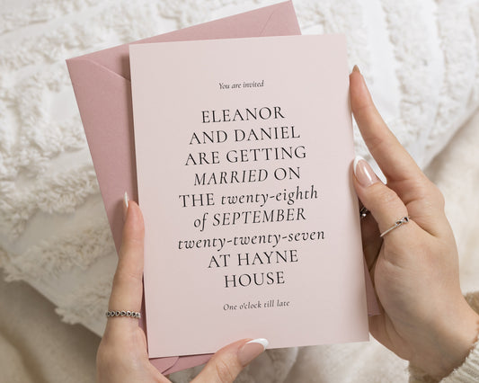 Blush Pink Wedding Invitations with Rose Pink Envelopes, Minimalist Typography Wedding Invites, Elegant Personalised Invitation Suite