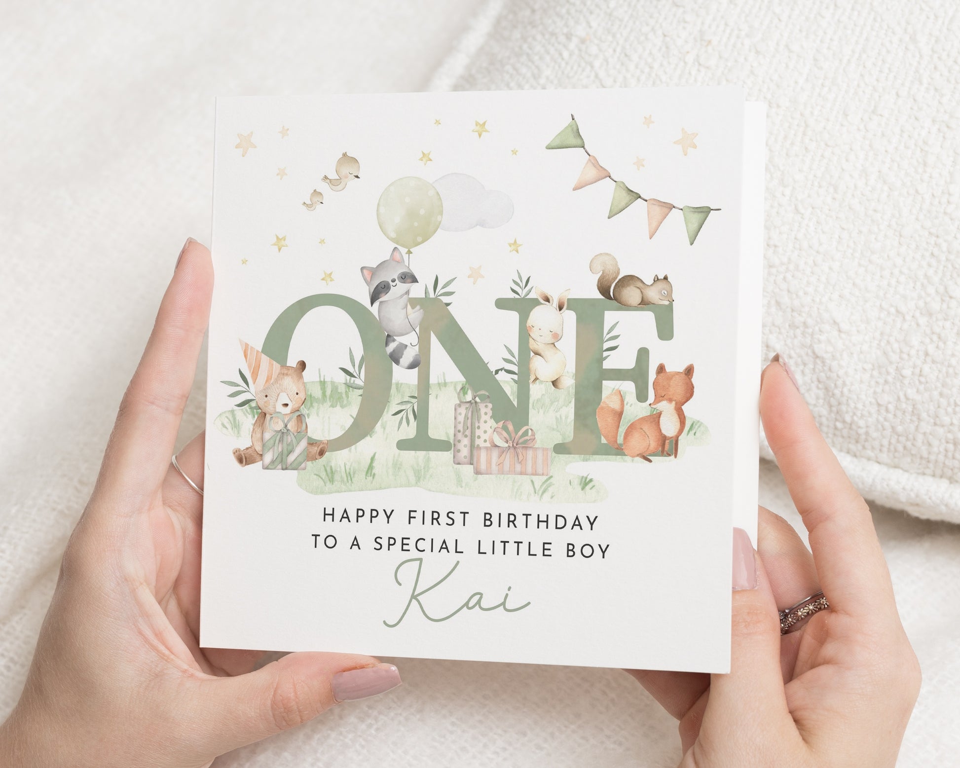 1st Birthday Card for Boy, Personalised First Birthday Card, Woodland Animal Birthday Card, Birthday Card for Son, Cute Birthday Card