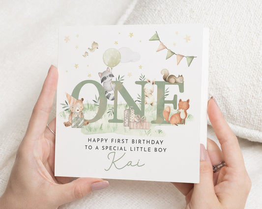 1st Birthday Card for Boy, Personalised First Birthday Card, Woodland Animal Birthday Card, Birthday Card for Son, Cute Birthday Card
