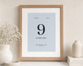 Personalised Wedding Date Print, Light Blue Wall Art, Anniversary Gift, Gift for Couple, Minimalist Portrait Print, Oak Frame