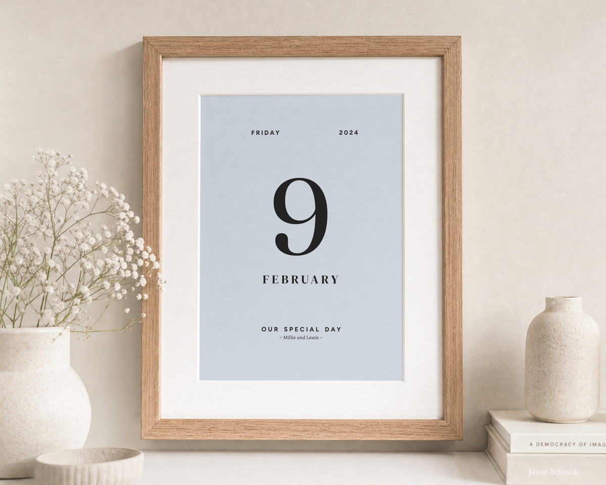 Personalised Wedding Date Print, Light Blue Wall Art, Anniversary Gift, Gift for Couple, Minimalist Portrait Print, Oak Frame