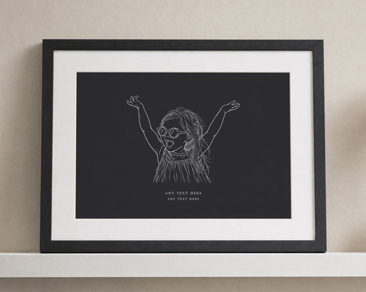 Personalised Child Line Art Print, Black Wall Art, Custom Child Portrait, Family Gift, Nursery Wall Art, Black Framed Print