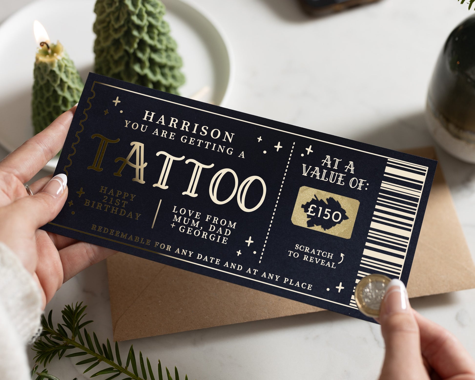Personalised Tattoo Gift Voucher, 21st Birthday Gift for Him, Scratch to Reveal, Custom Tattoo Voucher, Gold Foil