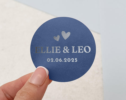 Personalised Wedding Sticker, Custom Names Wedding Label, Heart Foil Sticker, Wedding Favour Sticker, Blue Silver Wedding Sticker