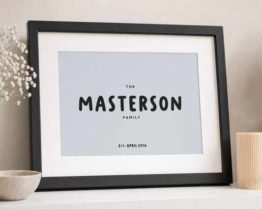 Personalised Family Name Print, Light Blue Wall Art, Family Gift, New Home Gift, Living Room Framed Print With Mount