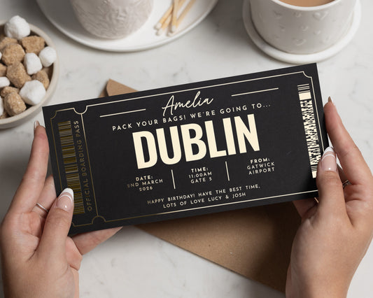 Personalised Holiday Reveal Ticket, Pack Your Bags Gift Voucher, Dublin Trip Boarding Pass, Custom Travel Gift For Her