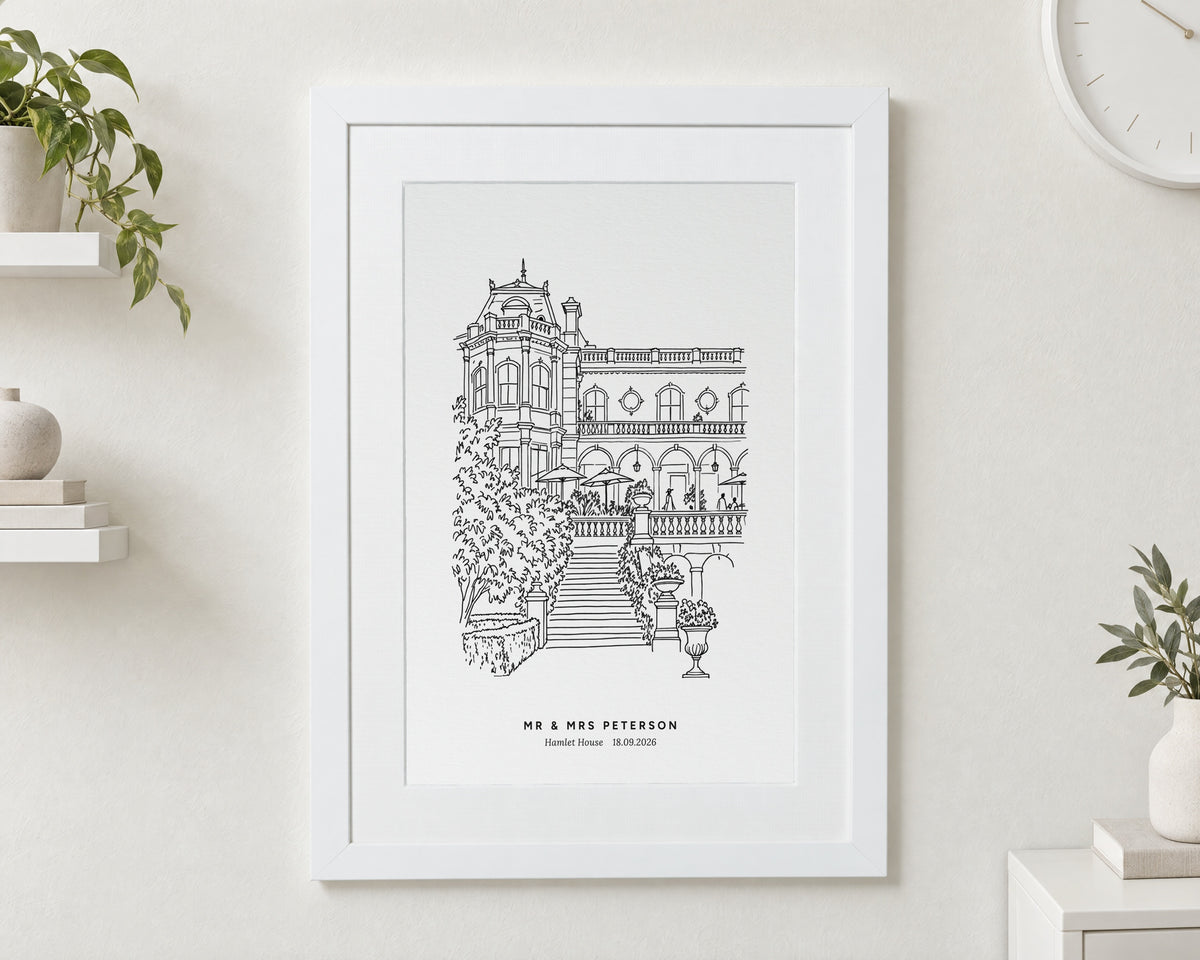 Personalised Wedding Venue Illustration, Custom Line Art Print From Photo, Wedding Gift for Couple, Anniversary Wall Art, White Frame