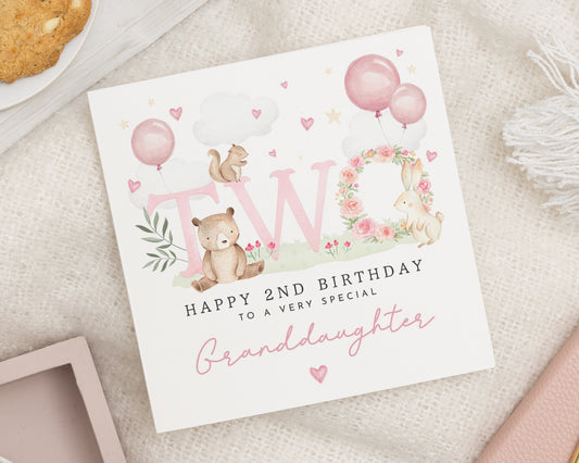 2nd Birthday Card for Granddaughter, Granddaughter 2nd Birthday Card, Birthday Card for Girl, Cute Animal Card, Second Birthday Card