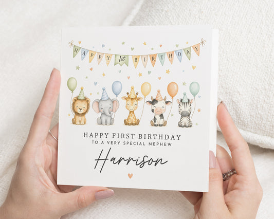 1st Birthday Card for Nephew, First Birthday Card, Personalised Birthday Card for Boy, Safari Animal Birthday Card, Cute Birthday Card