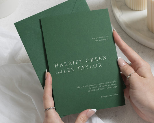 Forest Green Wedding Invitations, Minimalist Wedding Invites, Elegant Typography, Personalised Wedding Invitations