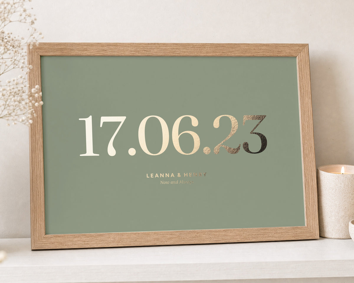 Personalised Gold Foil Date Print, Sage Green Wall Art, Couple Gift, Wedding Gift, Anniversary Gift, Living Room Art