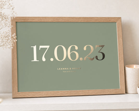 Personalised Gold Foil Date Print, Sage Green Wall Art, Couple Gift, Wedding Gift, Anniversary Gift, Living Room Art