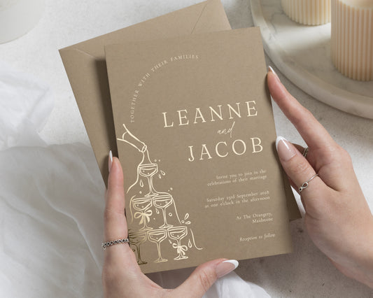 Gold Foil Wedding Invitations, Champagne Tower Wedding Invite, Taupe Wedding Invitation, Elegant Party Wedding Stationery