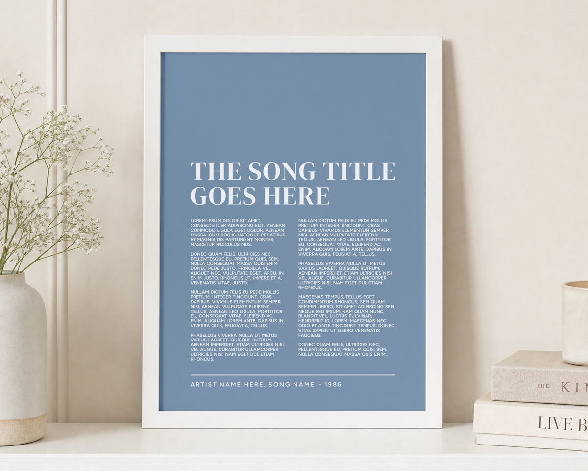 Personalised Song Lyrics Print, Blue Wall Art, First Dance Song Print, Anniversary Gift, Wedding Gift for Couple, White Framed Print