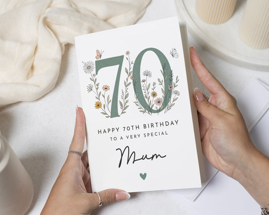 70th Birthday Card for Mum, Mum 70th Birthday Card, Birthday Card for Mum, Floral Birthday Card for Her, Personalised Birthday Card