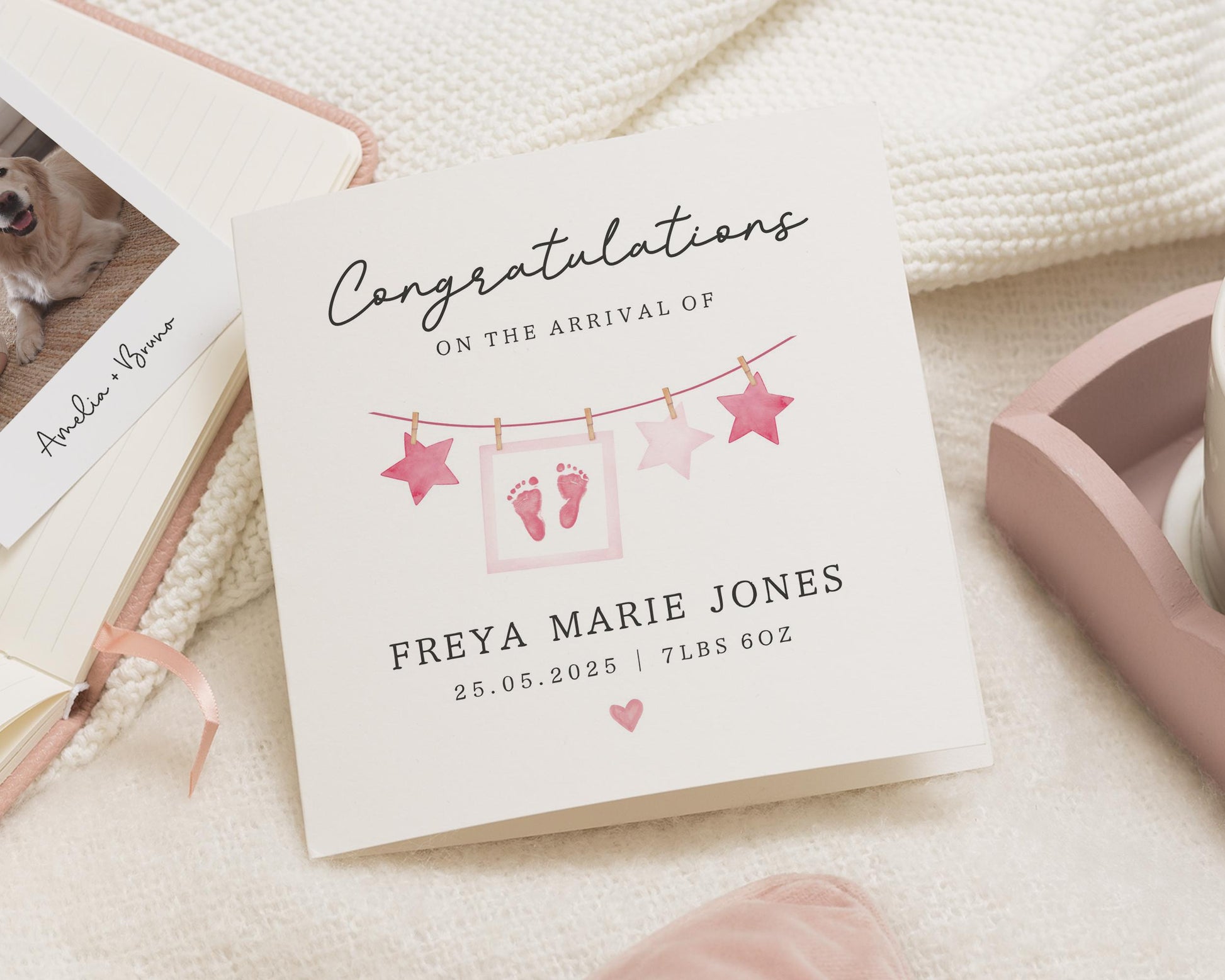 New Baby Card, Personalised Baby Girl Card, Congratulations Card, Baby Arrival Card, Custom Name Card, Pink Baby Card, Baby Girl Gift