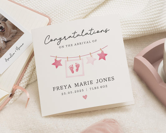 New Baby Card, Personalised Baby Girl Card, Congratulations Card, Baby Arrival Card, Custom Name Card, Pink Baby Card, Baby Girl Gift
